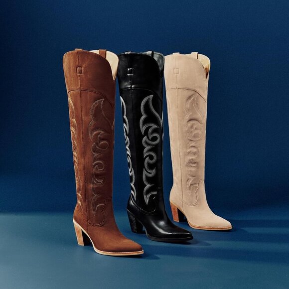 Women Over Knee Reddish Faux Leather Pull On Tab Chunky Heel Pointed Toe Boots - Picture 7 of 7